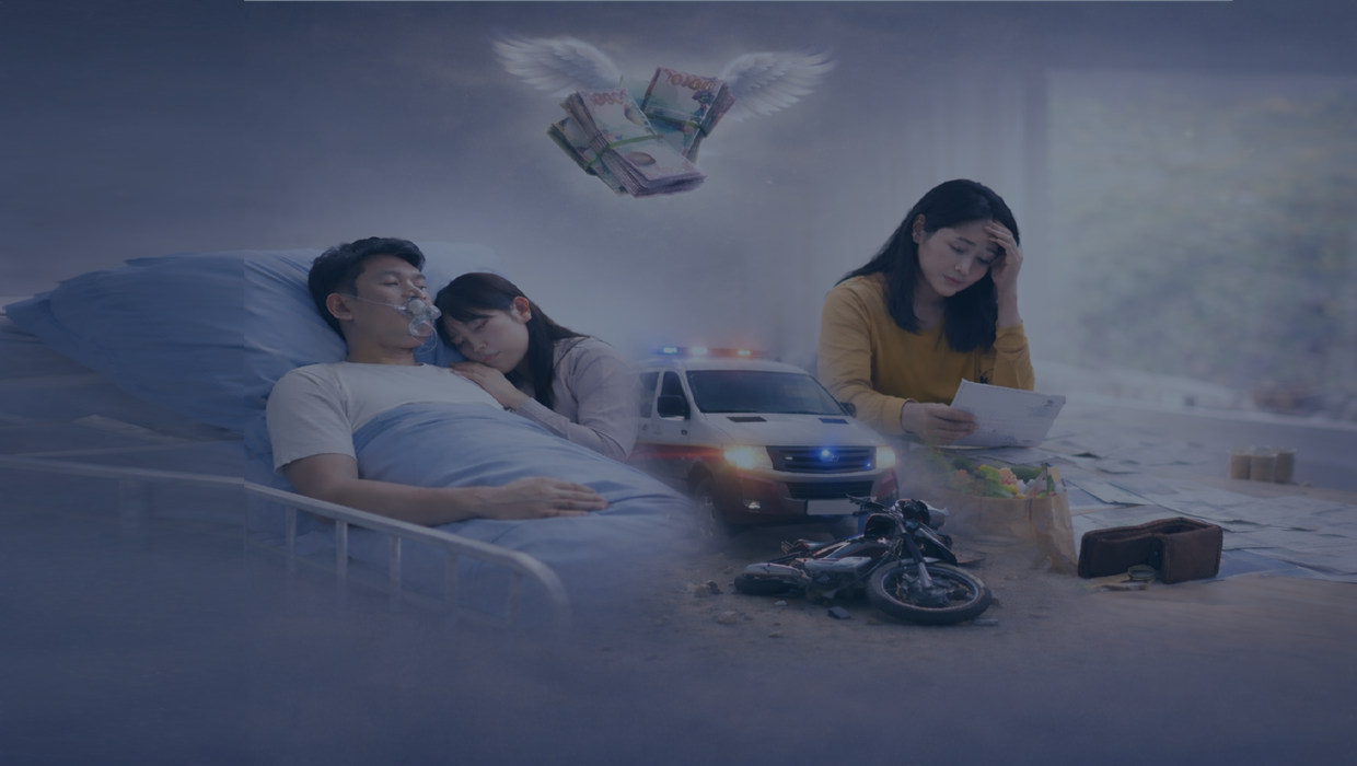 ilustrasi risiko kehidupan seperti sakit kritis, kecelakaan dan kehilangan penghasilan yang berdampak pada kondisi keuangan keluarga.